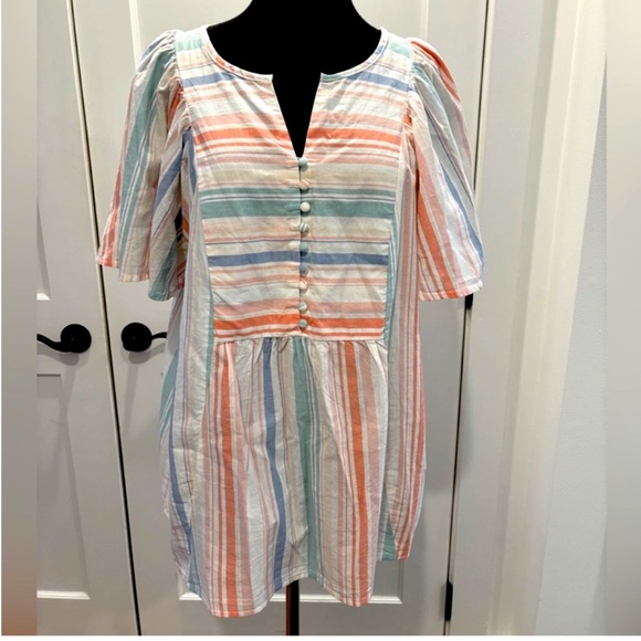 Terra & Sky short sleeve top white cotton multi pastel stripes covered buttons - Picture 1 of 14
